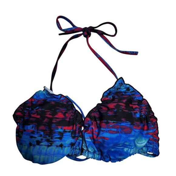 Unbranded Women's Blue Burgundy Abstract‎ Ruffle Halter Neck String Bikini XL - Picture 1 of 3